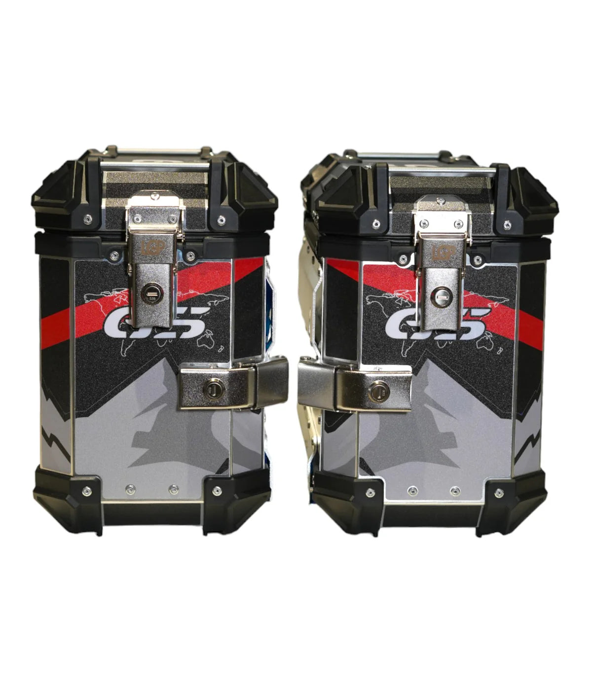 LGP Premium Aluminium GS Graphics 38L Panniers pair) with bracket BLACK  RED
