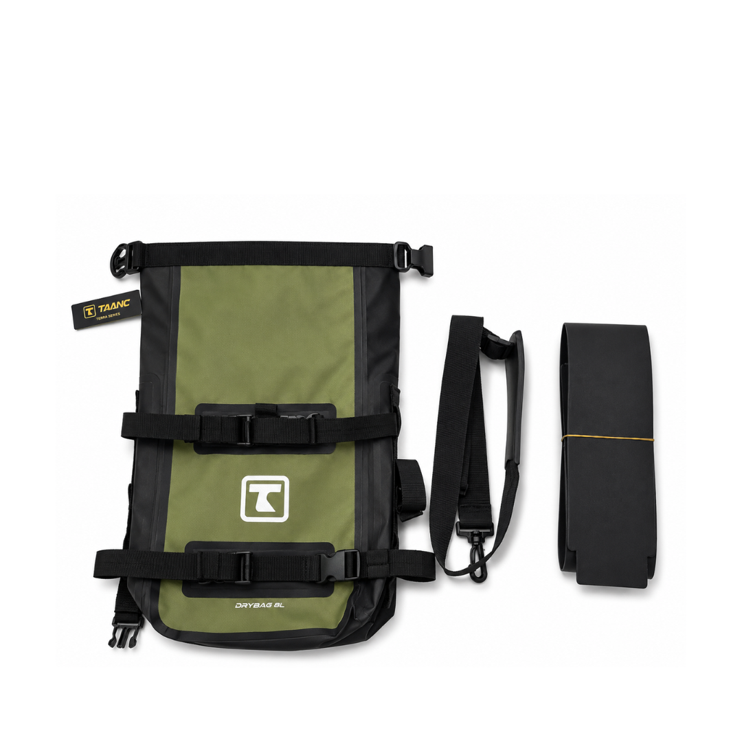 TAANC Terra Series Multi Use Adventure Bag 8L – Waterproof Motorcycle Crash Bar / Tail / Rear Rack Bag Green Black