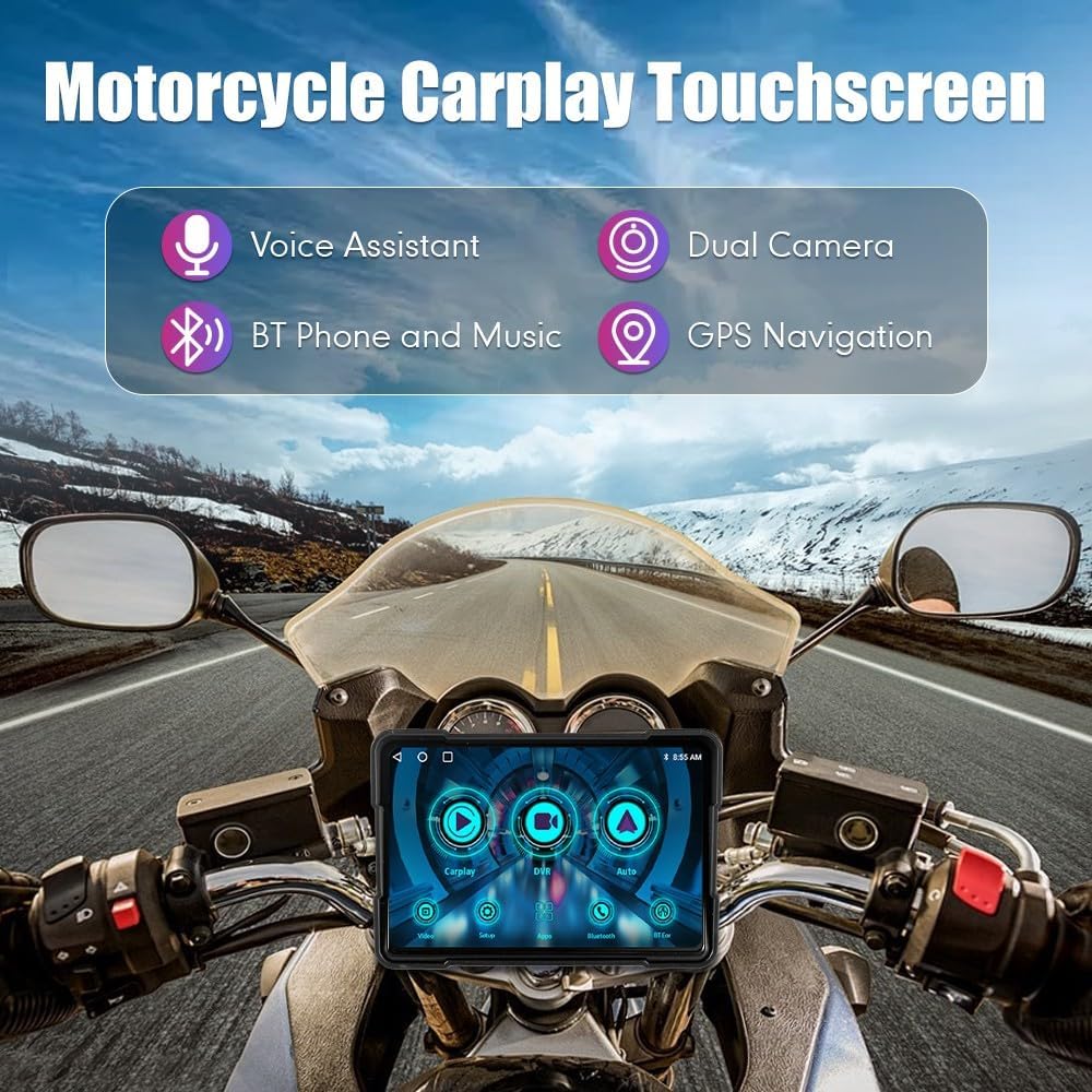 Wireless Motorcycle Carplay | 5 Inch | Ipx7 Waterproof | Gps Navigator with ( 2 Hd Cameras ) | Motorcycle Gps Tracker | 1024*600 | Dual recording System - for all Motorcycles