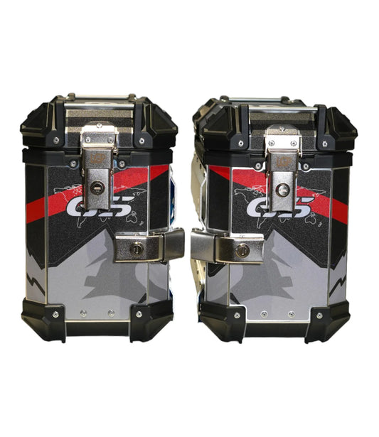 LGP Premium Aluminium GS Graphics 38L Panniers ( pair) with bracket BLACK RED