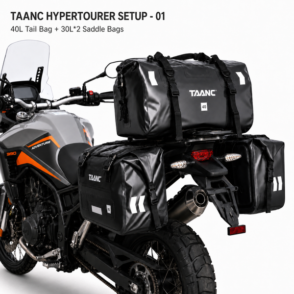 TAANC Terra Series Hypertourer Setup - 01 Waterproof Motorcycle Luggage Combo | 40L Tail Bag + 30L x 2 Saddle Bags | 100L Adventure Touring Setup | Black