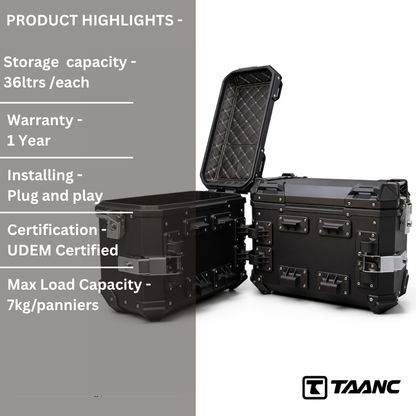 TAANC Overlander 137 Touring Setup 01 – X65 Top Box + Twin 36 Panniers | Stealth Black Aluminium Combo