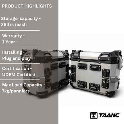 TAANC Overlander 137 Touring Setup 02 – X65 Top Box + Twin 36 Panniers | Aero Silver Aluminium Combo