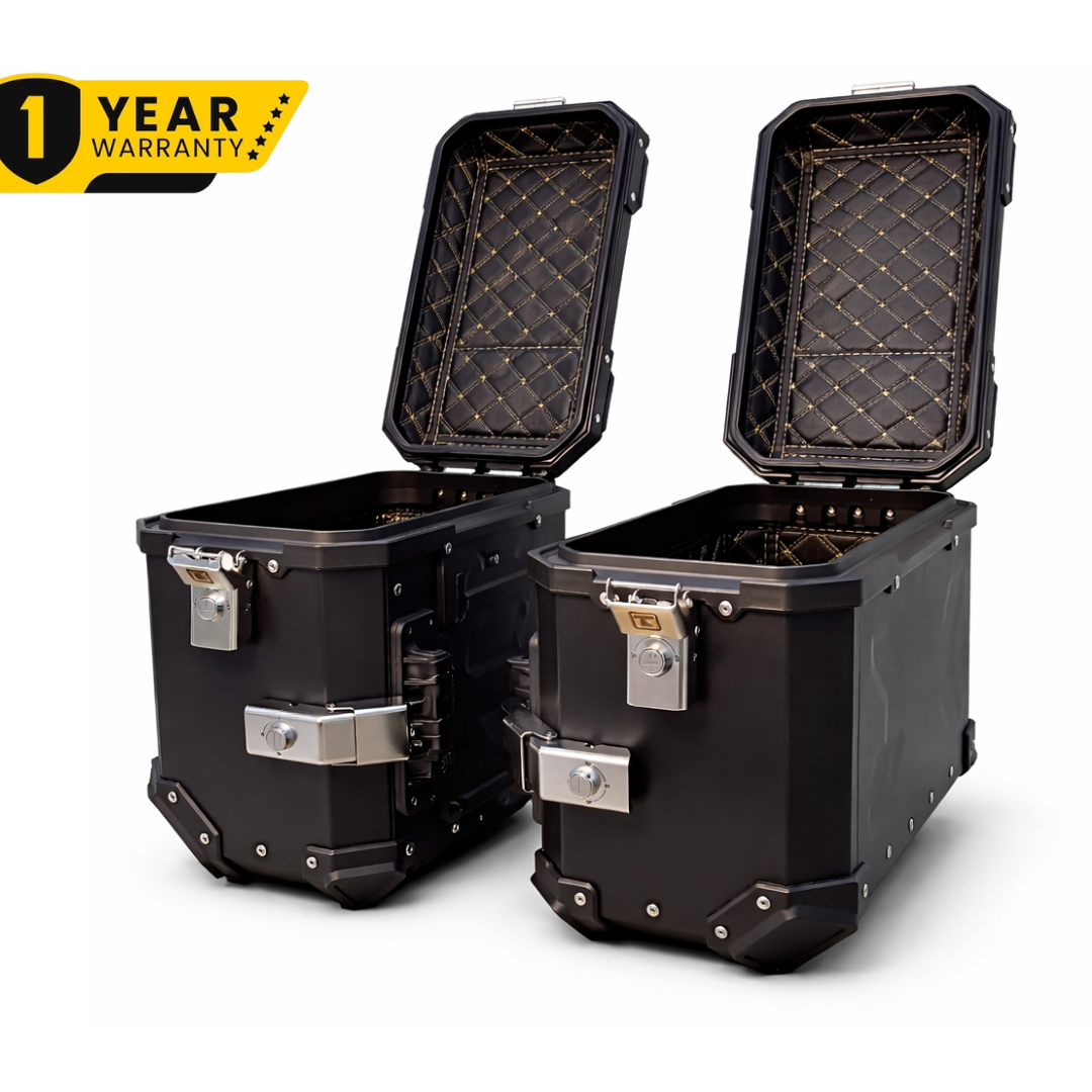 TAANC Overlander 137 Touring Setup 01 – X65 Top Box + Twin 36 Panniers | Stealth Black Aluminium Combo