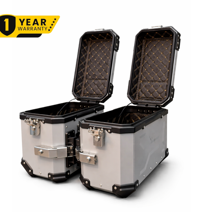 TAANC Overlander 137 Touring Setup 02 – X65 Top Box + Twin 36 Panniers | Aero Silver Aluminium Combo
