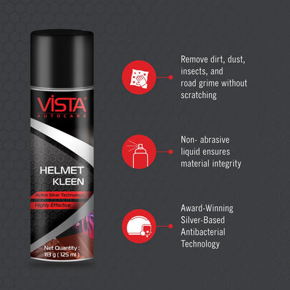 Vista Auto Care Helmet Kleen 125 ml | Helmet Cleaner Spray That Removes Dirt, Silver-Based Antibacterial Disinfectant Foam Spray For Helmet Interior | Safe For Hair & Skin, Odor Eliminator | Pack of 1