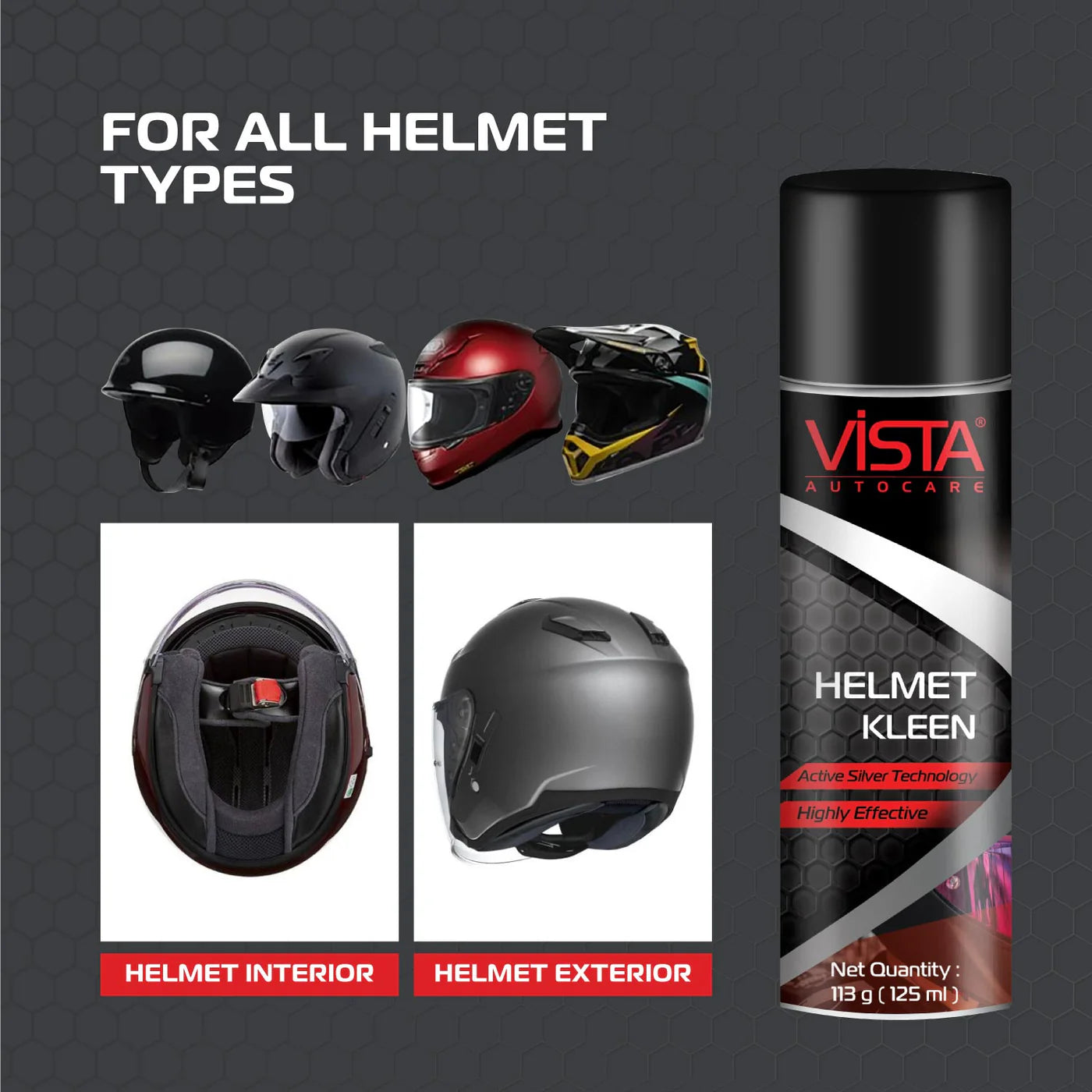 Vista Auto Care Helmet Kleen 125 ml | Helmet Cleaner Spray That Removes Dirt, Silver-Based Antibacterial Disinfectant Foam Spray For Helmet Interior | Safe For Hair & Skin, Odor Eliminator | Pack of 1