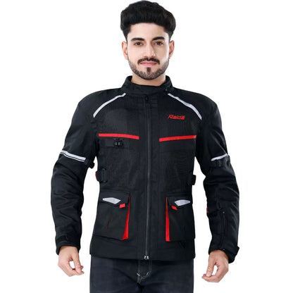Raida Rover Touring Motorcycle Jacket | Level 2 Armors | Lumbar Support, Rain & Thermal Liner Included | Hydration Pocket (Black Red)