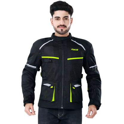 Raida Rover Touring Motorcycle Jacket | Level 2 Armors | Lumbar Support, Rain & Thermal Liner Included | Hydration Pocket (Black Hi Viz )