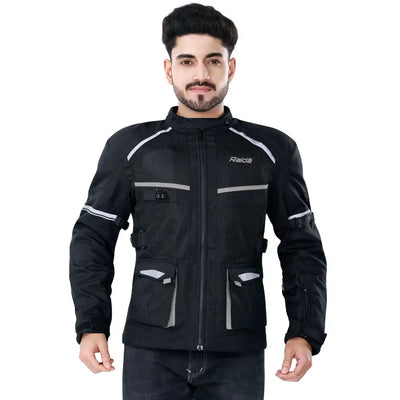 Raida Rover Touring Motorcycle Jacket | Level 2 Armors | Lumbar Support, Rain & Thermal Liner Included | Hydration Pocket (Black Grey)
