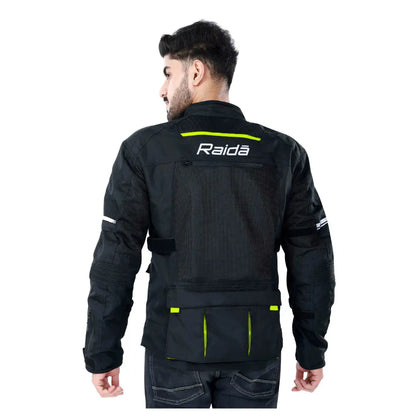 Raida Rover Touring Motorcycle Jacket | Level 2 Armors | Lumbar Support, Rain & Thermal Liner Included | Hydration Pocket (Black Hi Viz )