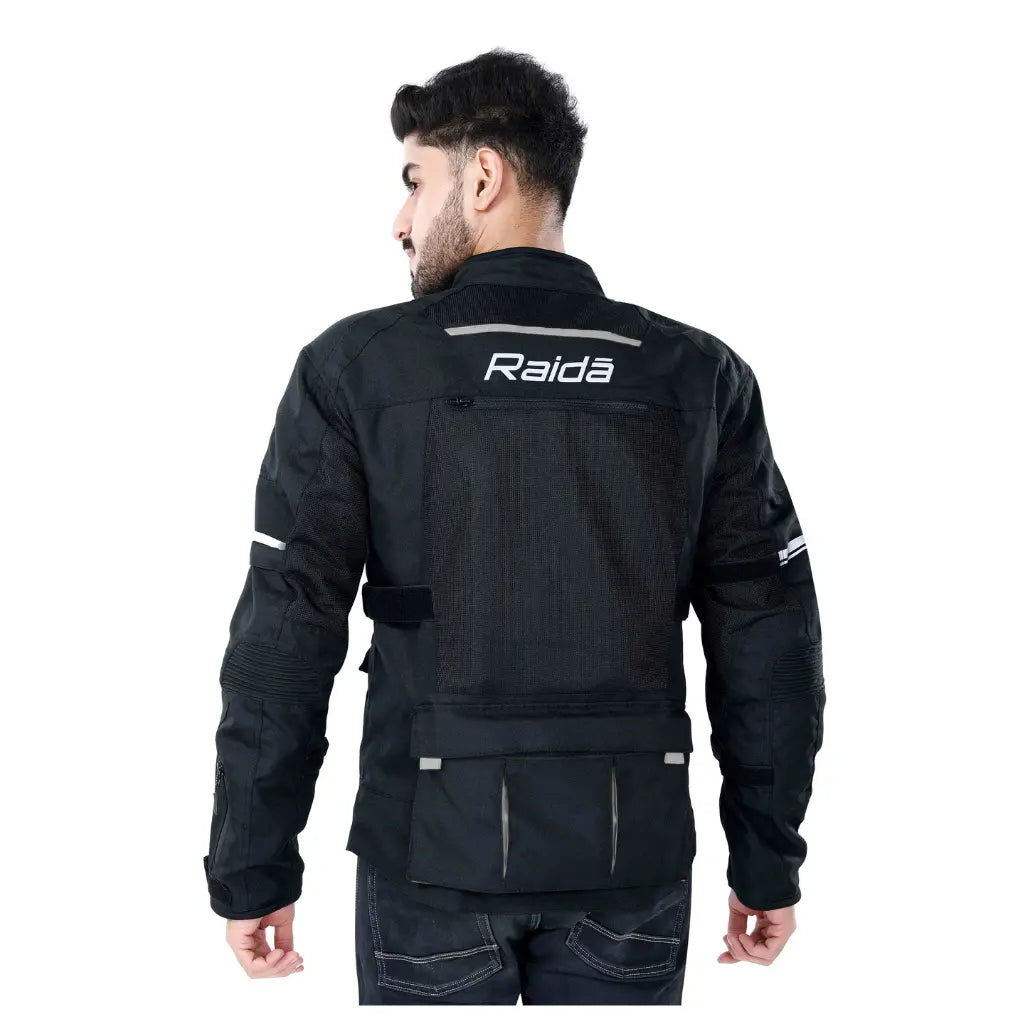 Raida Rover Touring Motorcycle Jacket | Level 2 Armors | Lumbar Support, Rain & Thermal Liner Included | Hydration Pocket (Black Grey)
