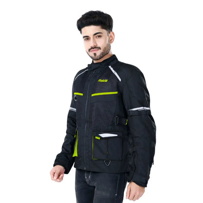 Raida Rover Touring Motorcycle Jacket | Level 2 Armors | Lumbar Support, Rain & Thermal Liner Included | Hydration Pocket (Black Hi Viz )