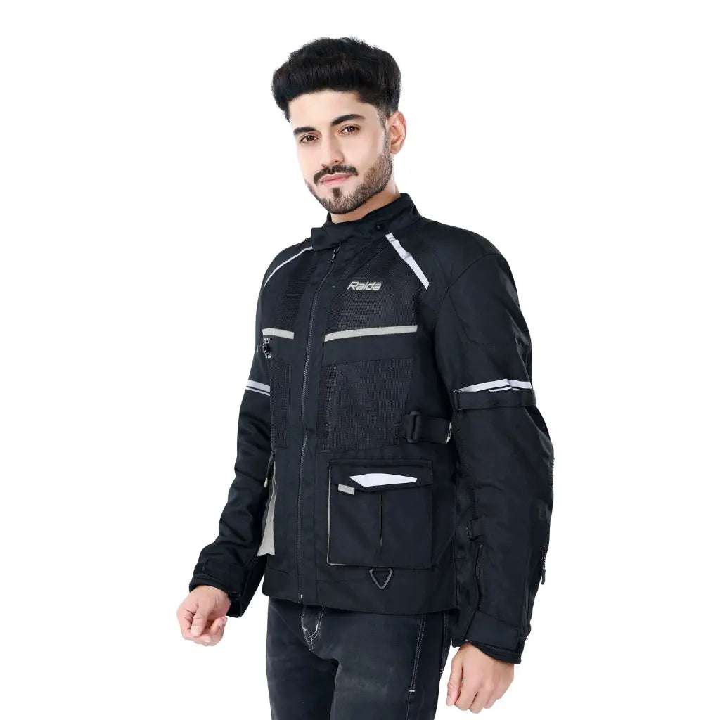 Raida Rover Touring Motorcycle Jacket | Level 2 Armors | Lumbar Support, Rain & Thermal Liner Included | Hydration Pocket (Black Grey)