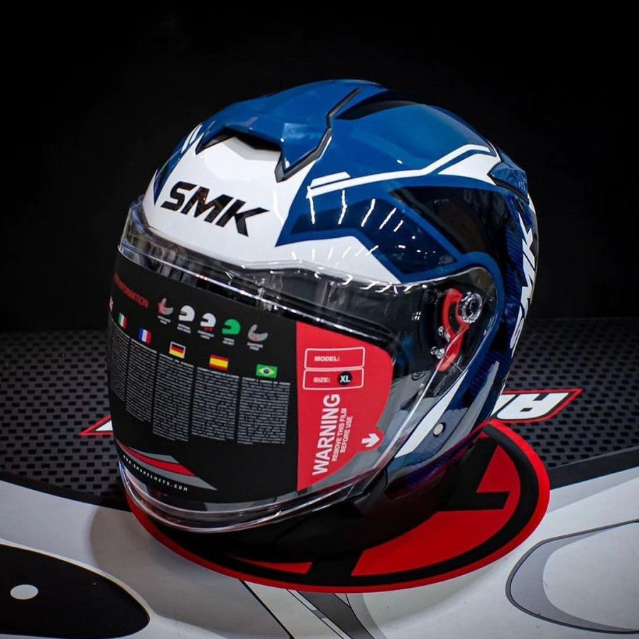 SMK GTJ Tourer – Open Face Half Helmet  with dual visor – GL515 ( BLUE & WHITE ) helmet highlight 