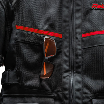 Raida Rover Touring Motorcycle Jacket | Level 2 Armors | Lumbar Support, Rain & Thermal Liner Included | Hydration Pocket (Black Red)