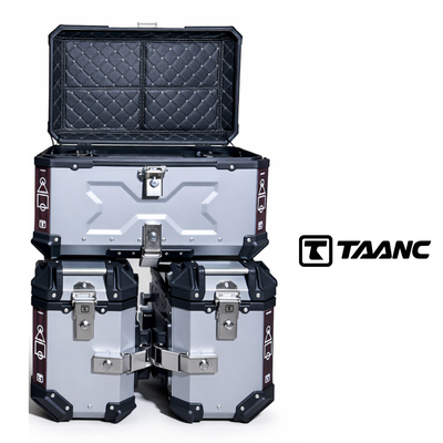 TAANC Overlander 137 Touring Setup 02 – X65 Top Box + Twin 36 Panniers | Aero Silver Aluminium Combo