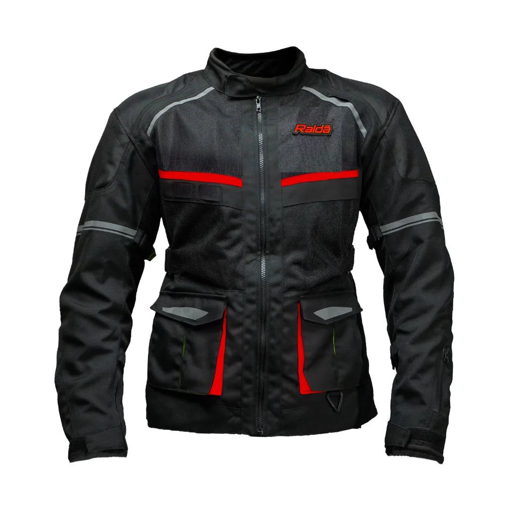 Raida Rover Touring Motorcycle Jacket | Level 2 Armors | Lumbar Support, Rain & Thermal Liner Included | Hydration Pocket (Black Red)