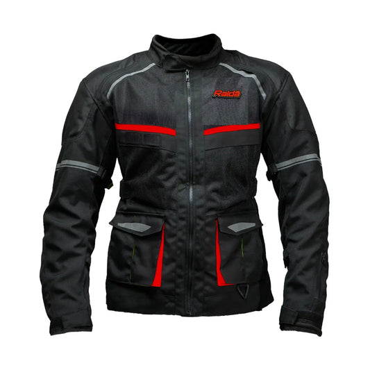Raida Rover Touring Motorcycle Jacket | Level 2 Armors | Lumbar Support, Rain & Thermal Liner Included | Hydration Pocket (Black Red)