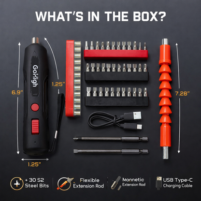 GoHigh PowerPlus Electric Screwdriver – 32 Bits, 4.2V Cordless, 1Hour Fast Charge, Auto Torque, Magnetic Grip | Ideal for Furniture, Electronics & DIY | 1Year Warranty