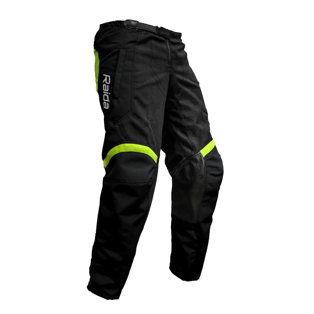 Raida Trailcraft Off-Road Pants | Mx & Trail Ride | Lightweight | Abrasion-Resitant Fabric | Heat Sheild Panel |  ( Black/Hiviz), Men, Slim Fit Mid Rise