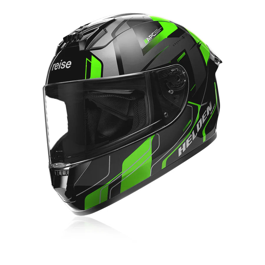 Reise Helden Full Face Riding Helmet | ISI/DOT/ECE Certified | European Design | Bluetooth Ready | Polycarbonate Shell - Green / Black