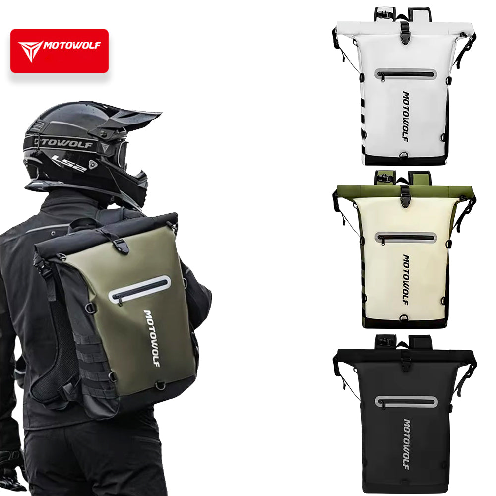 MOTOWOLF MB3 ADV EDITION | 30 litres | Portable nets | Expandable | Waterproof Riding Backpack with Net Bag Hydration Drinking Straw Water Storage Bag - Olive Green