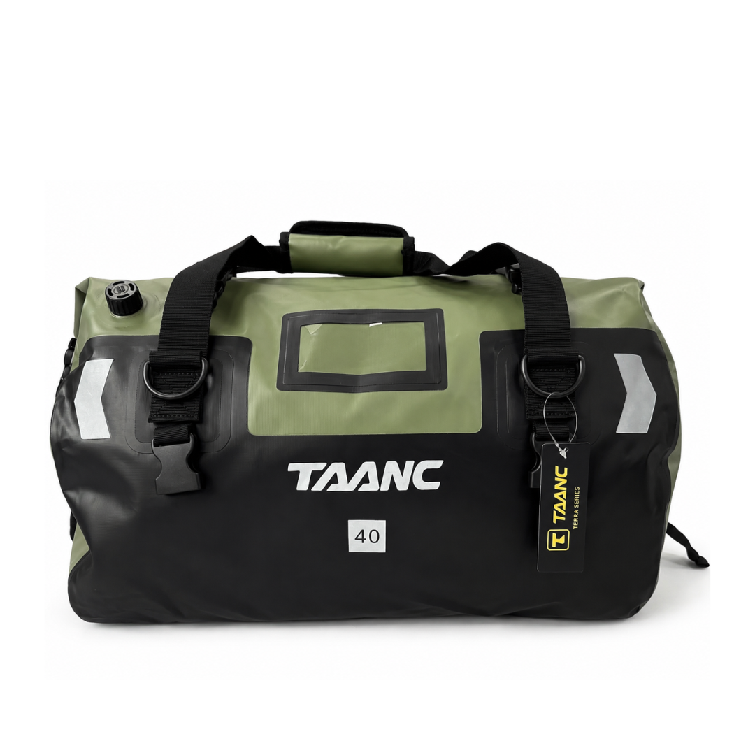 TAANC Terra Series Motorcycle Tail Bag 40L Waterproof Duffel Bag for Adventure Touring, Camping & Cycling – Green Black