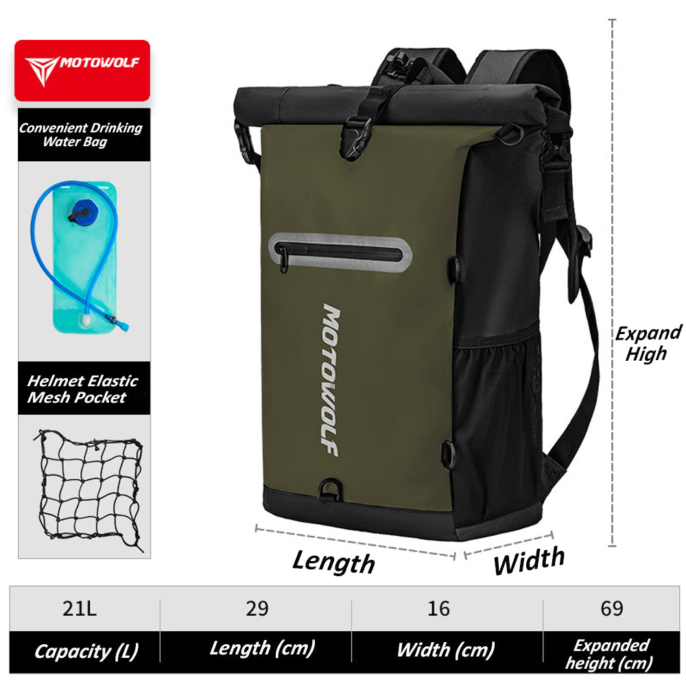 MOTOWOLF MB3 ADV EDITION | 30 litres | Portable nets | Expandable | Waterproof Riding Backpack with Net Bag Hydration Drinking Straw Water Storage Bag - Olive Green