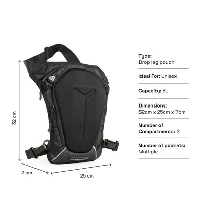 Carbonado Turtle Unisex Waist Bag | Multipurpose Utility Waist Pouch | Cross Body | Strap to Leg or Hip | for Motorcycling, Outdoor, Hiking, Adventure and Travel - BLACK