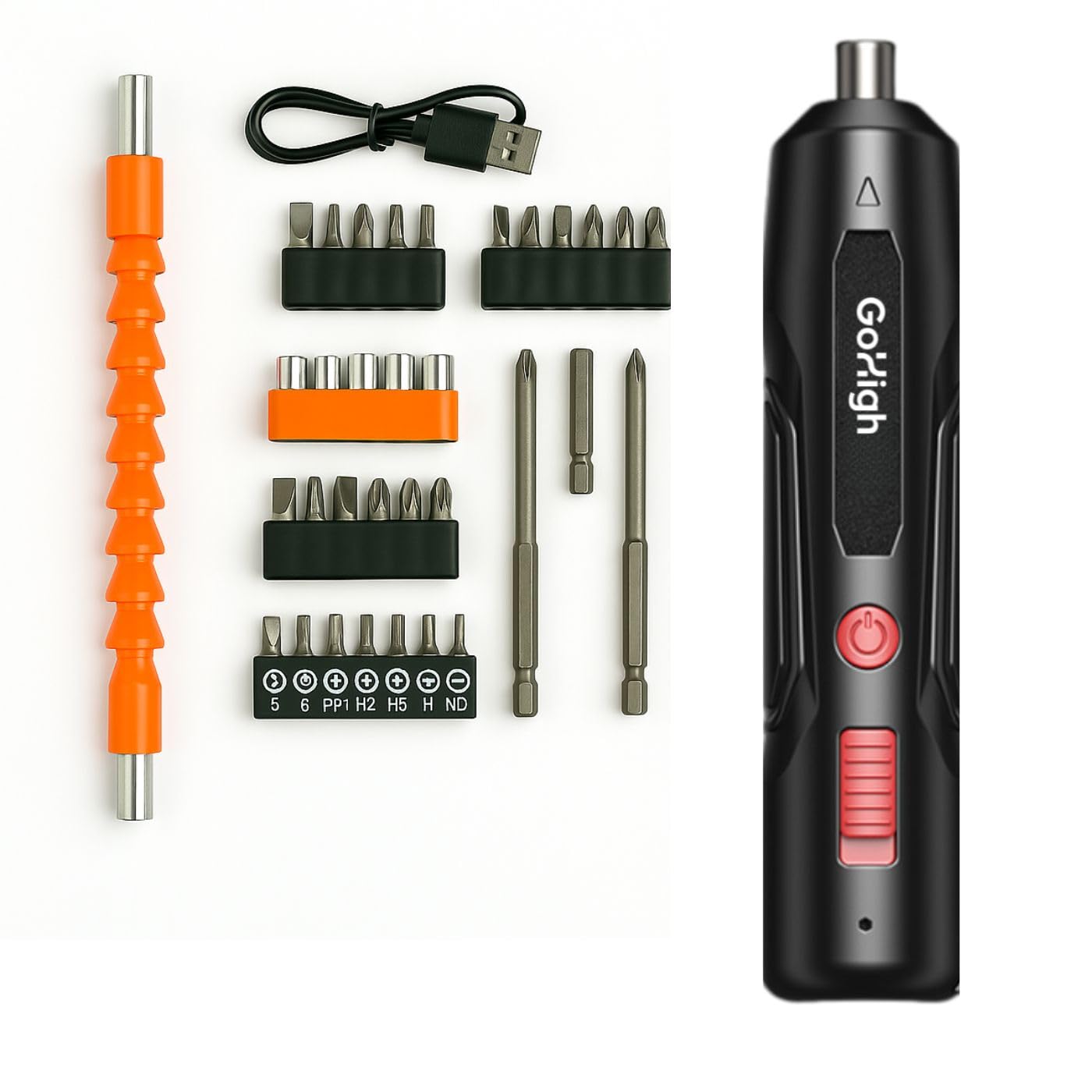 GoHigh PowerPlus Electric Screwdriver – 32 Bits, 4.2V Cordless, 1Hour Fast Charge, Auto Torque, Magnetic Grip | Ideal for Furniture, Electronics & DIY | 1Year Warranty