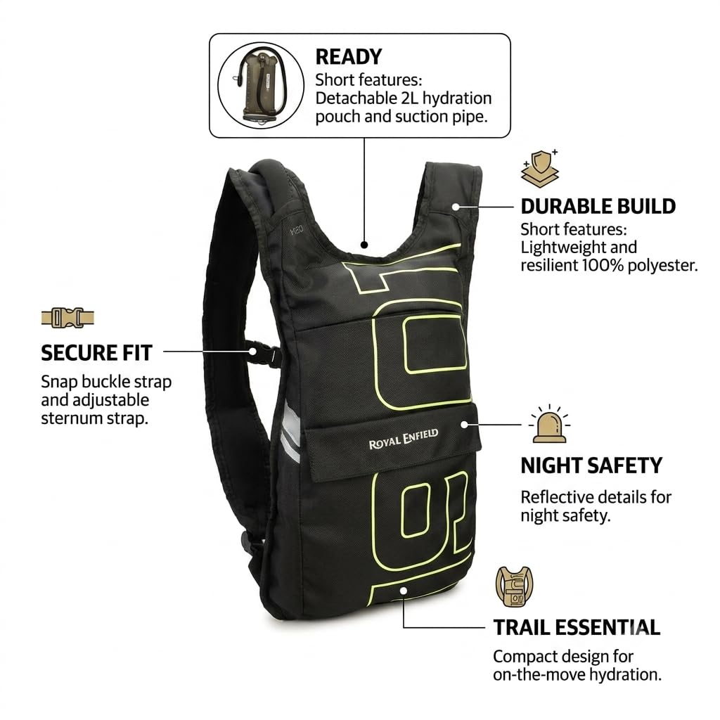 ROYAL ENFIELD WATER TRAIL BACKPACK WITH 2L HYDRATION BLADDER - BLACK