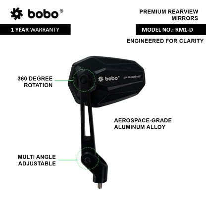 BOBO RM1-D Premium Motorcycle Rearview Mirror, Anti-Glare, Anti-Fog, 360-Degree Rotation, Multi-Angle Adjustable