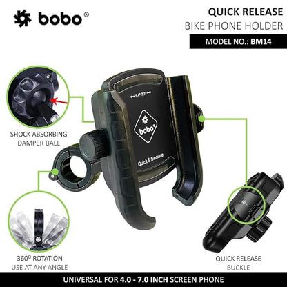 BOBO BM14 Quick Release Enhanced BM4 Waterproof Bike/Motorcycle/Scooter Mobile Phone Holder Mount, Ideal for Maps and GPS Navigation (Black)