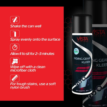 Vista Auto Care Riding Gear Kleen 450 ml | Riding Gear Cleaner Foam Spray | Antibacterial | For Bike Helmet, Jackets, Pants, Gloves, Shoes | Removes Dirt & Odor | Refreshing Mint Fragrance