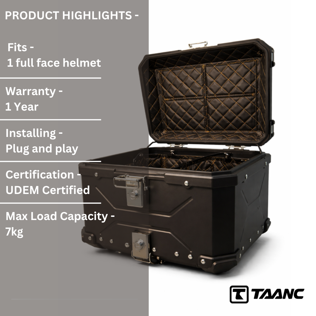 TAANC Nomad Atlas Top Box – Stealth Black | 45L Aluminium MC Motorcycle Touring Storage Box