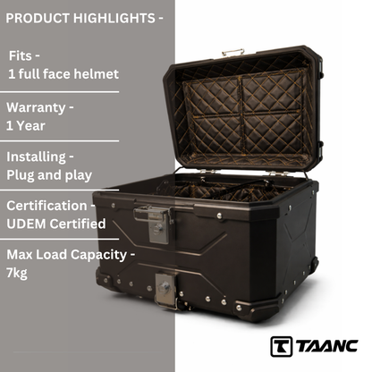TAANC Nomad Atlas Top Box – Stealth Black | 45L Aluminium MC Motorcycle Touring Storage Box