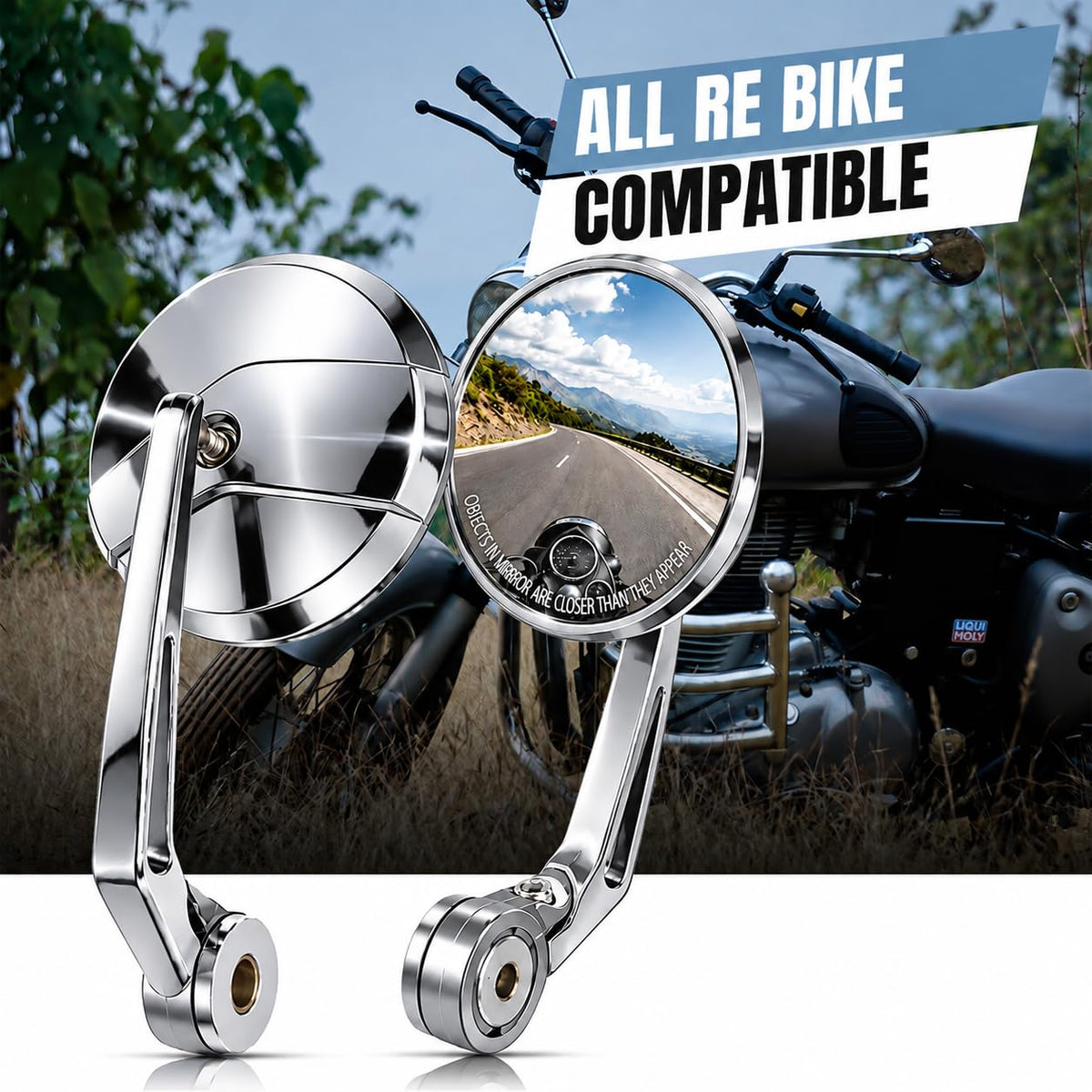 BAR END SIDE MIRRORS – CHROME SET OF -2 (ROYAL ENFIELD) COMPATIBLE FOR GT 650 / INTERCEPTOR 650 / HUNTER 350 / SUPER METEOR 650 / CLASSIC 350 / REBORN / METEOR 350