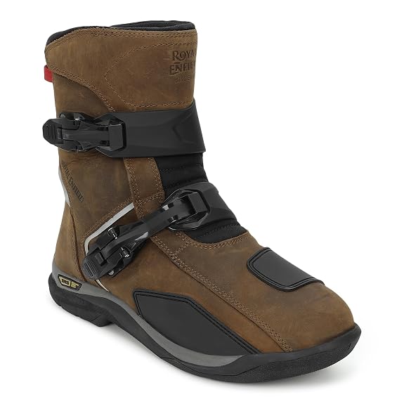 Royal Enfield WANDERER BOOTS | Waterproof Leather | TPR Heel Ankle Toe Protection | Anti-Skid Rubber Sole | Gear Shift Pad | Removable PU Insole | Dual Fastener Clips | Night Reflectors | TAN Size 7