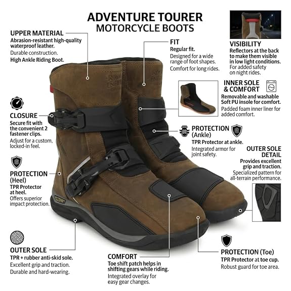 Royal Enfield WANDERER BOOTS | Waterproof Leather | TPR Heel Ankle Toe Protection | Anti-Skid Rubber Sole | Gear Shift Pad | Removable PU Insole | Dual Fastener Clips | Night Reflectors | TAN Size 7