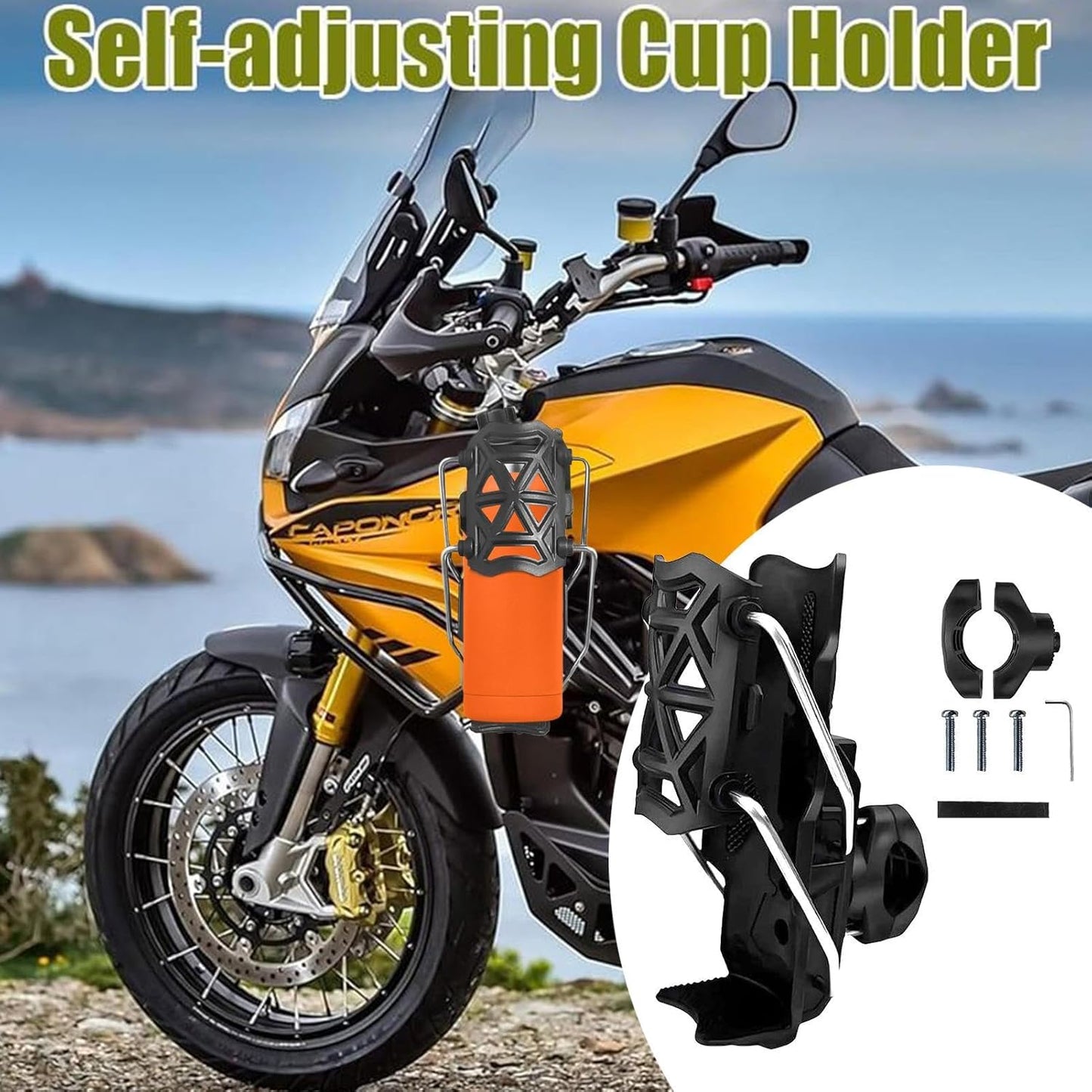 CAGE SERIES - Motorcycle Water Bottle Adjustable Rack/Holder  2.0 | 360° Rotation Adjust - ( UNIVERSAL) - BLACK