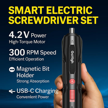 GoHigh PowerPlus Electric Screwdriver – 32 Bits, 4.2V Cordless, 1Hour Fast Charge, Auto Torque, Magnetic Grip | Ideal for Furniture, Electronics & DIY | 1Year Warranty