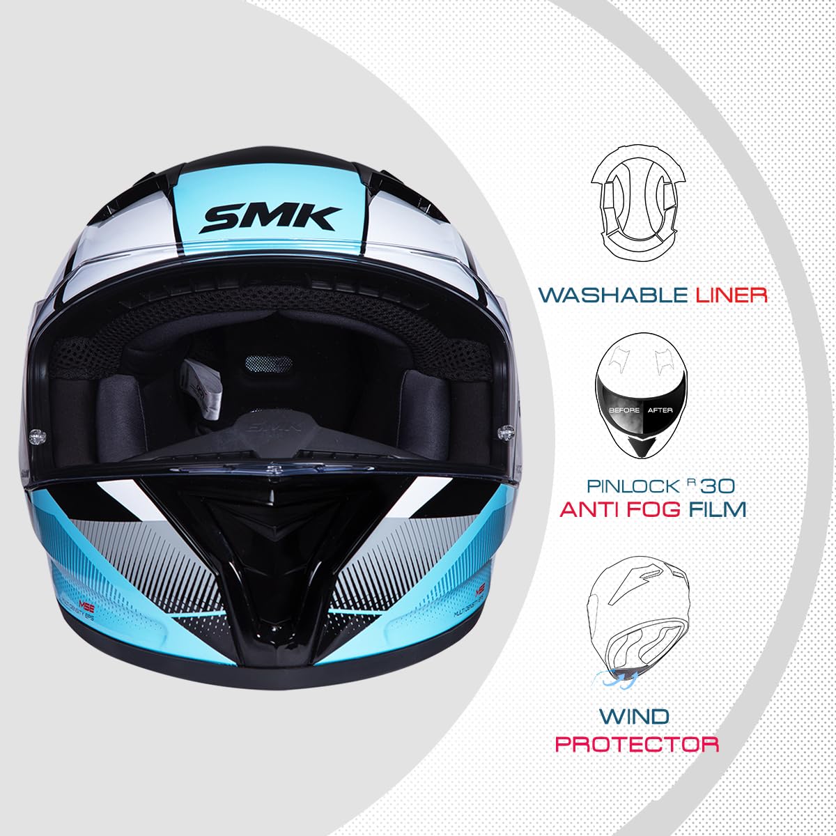 Smk Stellar Sports S01 Faro gloss black white blue Helmet Isi Dot & Ece- 06 Certified Full Face Helmet with Anti Fog Clear Visor Helmet helmet highlight 