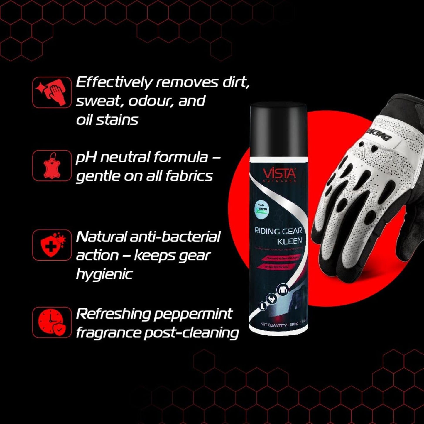 Vista Auto Care Riding Gear Kleen 450 ml | Riding Gear Cleaner Foam Spray | Antibacterial | For Bike Helmet, Jackets, Pants, Gloves, Shoes | Removes Dirt & Odor | Refreshing Mint Fragrance