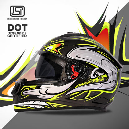 Studds Drifter D4 Isi and Dot Certified Full Face Graphic Helmet for Men and Women with Inner Sun Visor and Spoiler (Black N5 Yellow)