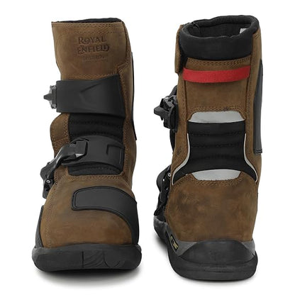 Royal Enfield WANDERER BOOTS | Waterproof Leather | TPR Heel Ankle Toe Protection | Anti-Skid Rubber Sole | Gear Shift Pad | Removable PU Insole | Dual Fastener Clips | Night Reflectors | TAN Size 7