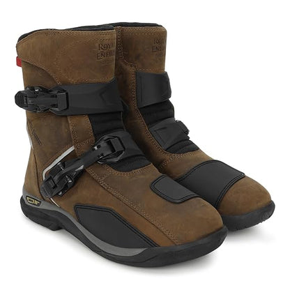 Royal Enfield WANDERER BOOTS | Waterproof Leather | TPR Heel Ankle Toe Protection | Anti-Skid Rubber Sole | Gear Shift Pad | Removable PU Insole | Dual Fastener Clips | Night Reflectors | TAN Size 7
