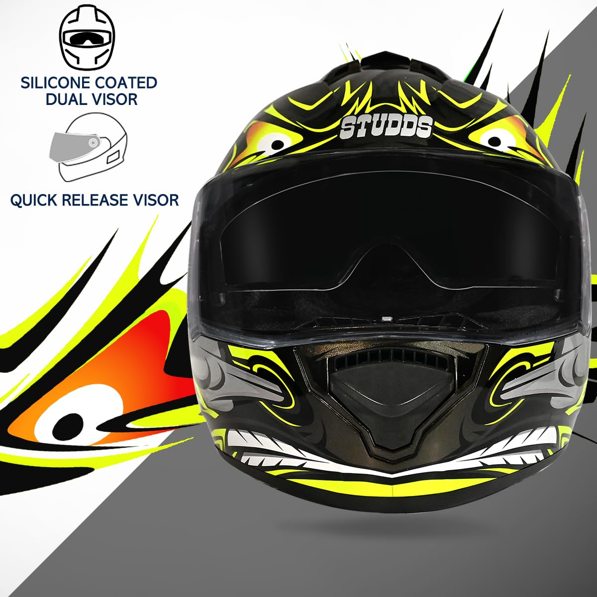 Studds Drifter D4 Isi and Dot Certified Full Face Graphic Helmet for Men and Women with Inner Sun Visor and Spoiler (Black N5 Yellow)
