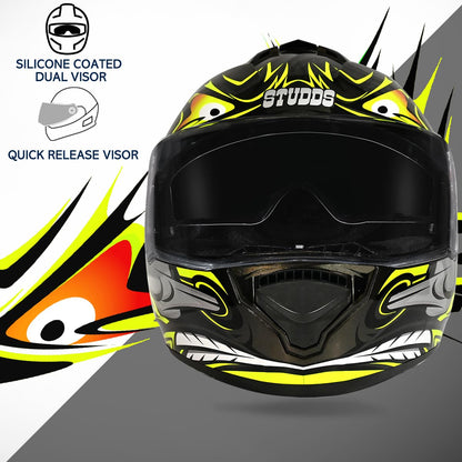 Studds Drifter D4 Isi and Dot Certified Full Face Graphic Helmet for Men and Women with Inner Sun Visor and Spoiler (Black N5 Yellow)