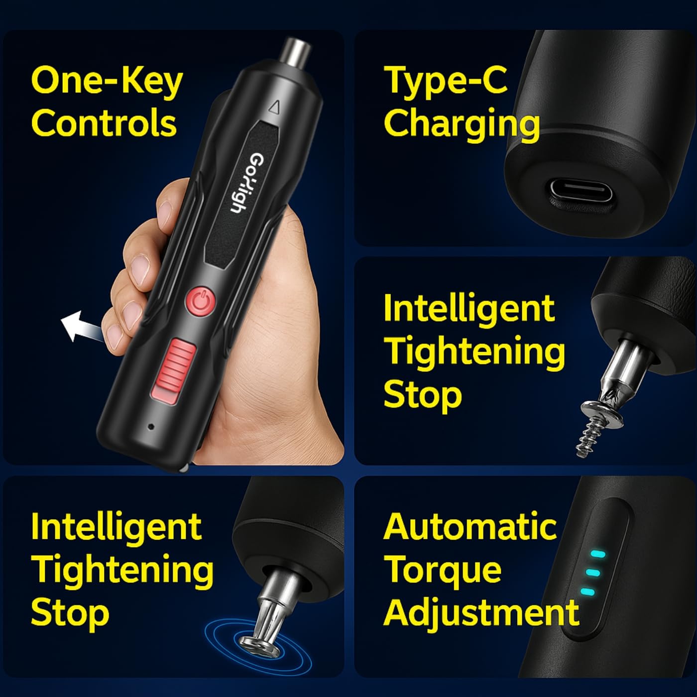 GoHigh PowerPlus Electric Screwdriver – 32 Bits, 4.2V Cordless, 1Hour Fast Charge, Auto Torque, Magnetic Grip | Ideal for Furniture, Electronics & DIY | 1Year Warranty